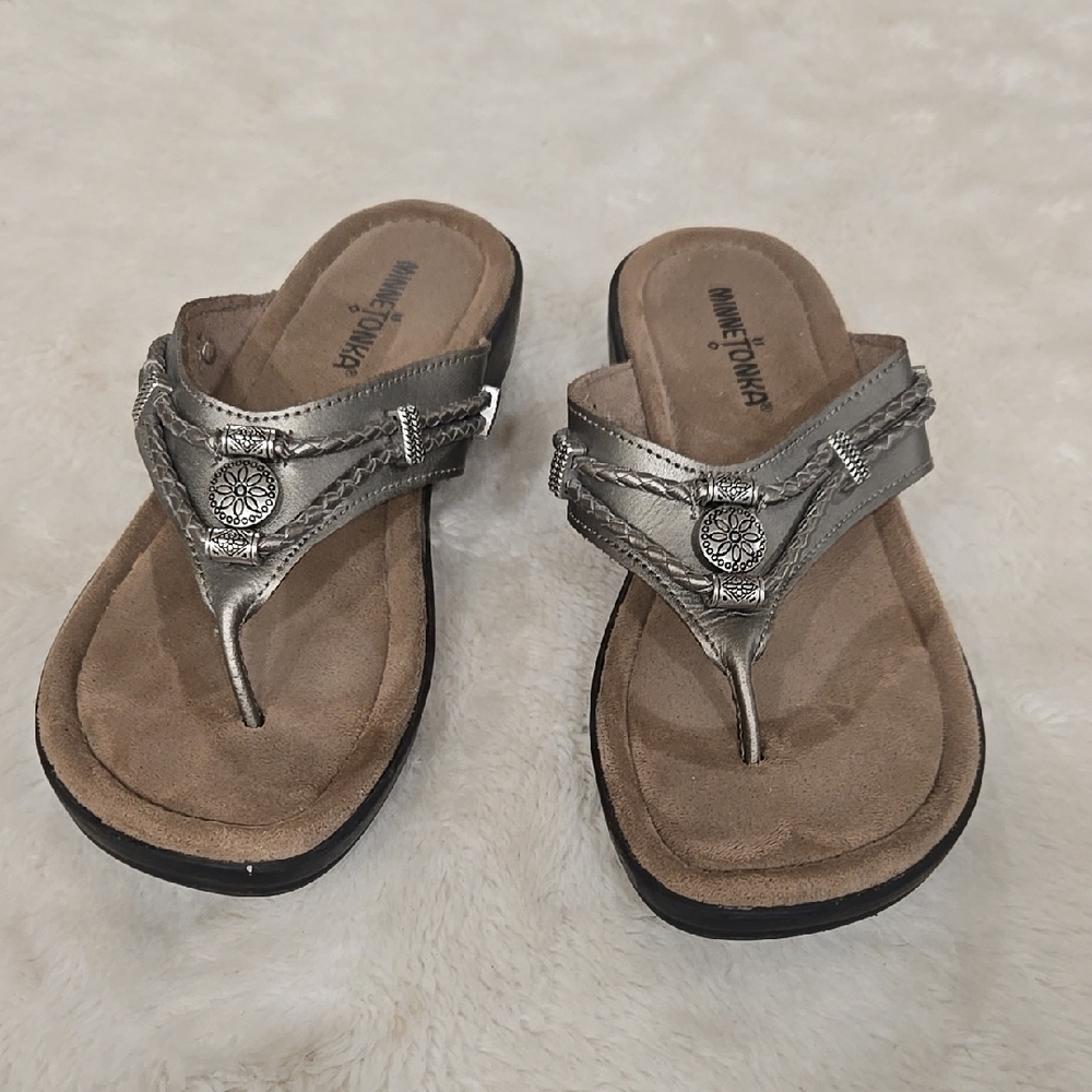 Minnetonka Women's Silver Sandals - Picture 1 of 10